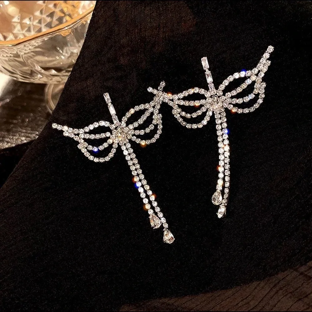 Long Butterfly Earrings with Rhinestones
